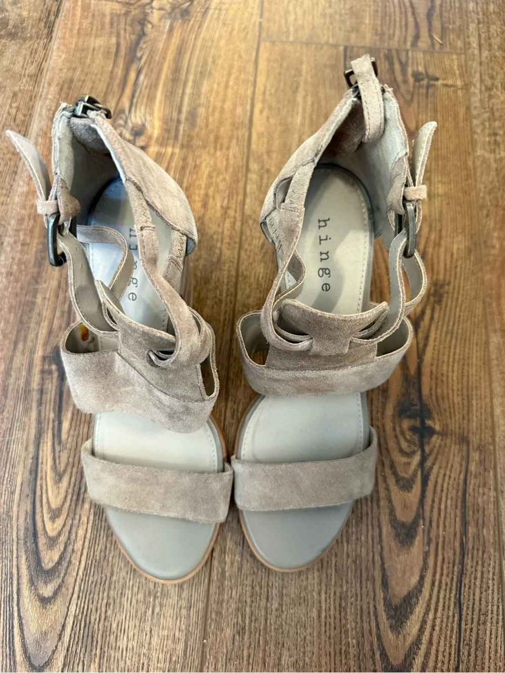 hinge Taupe Suede Strappy Block Heel Sandals